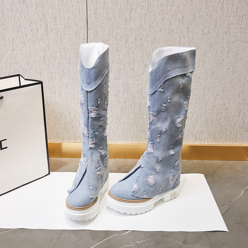 Kiara Knee High Denim Boots - Image 7