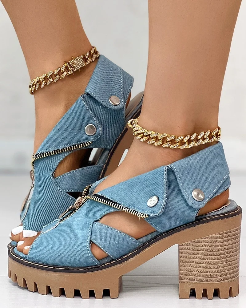 Lady Boss Peep-Toe Denim Sandals - Image 5