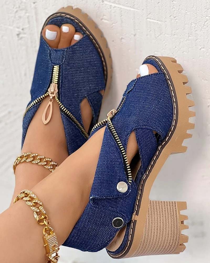 Lady Boss Peep-Toe Denim Sandals - Image 6