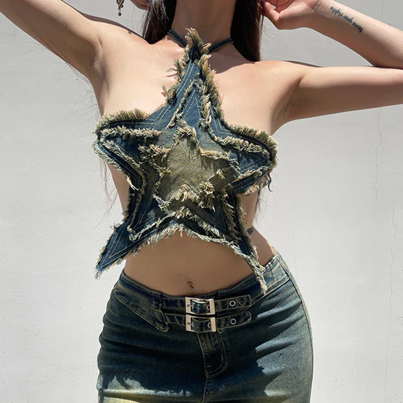 Star Distressed Denim Crop Top - Image 3