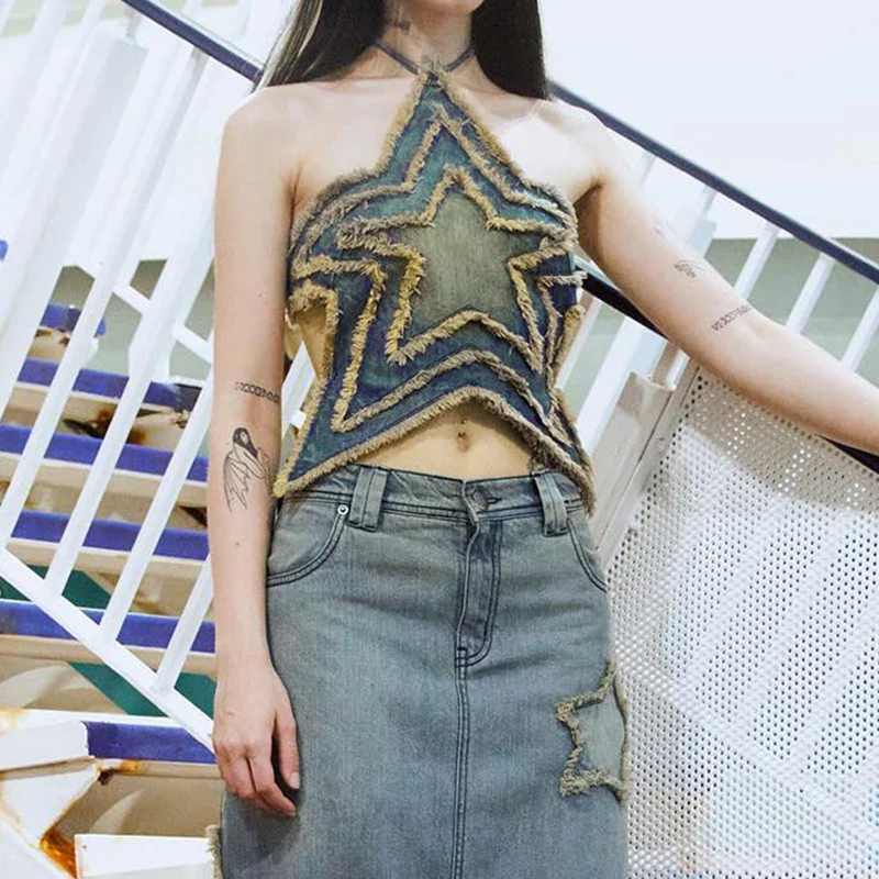 Star Distressed Denim Crop Top - Image 5
